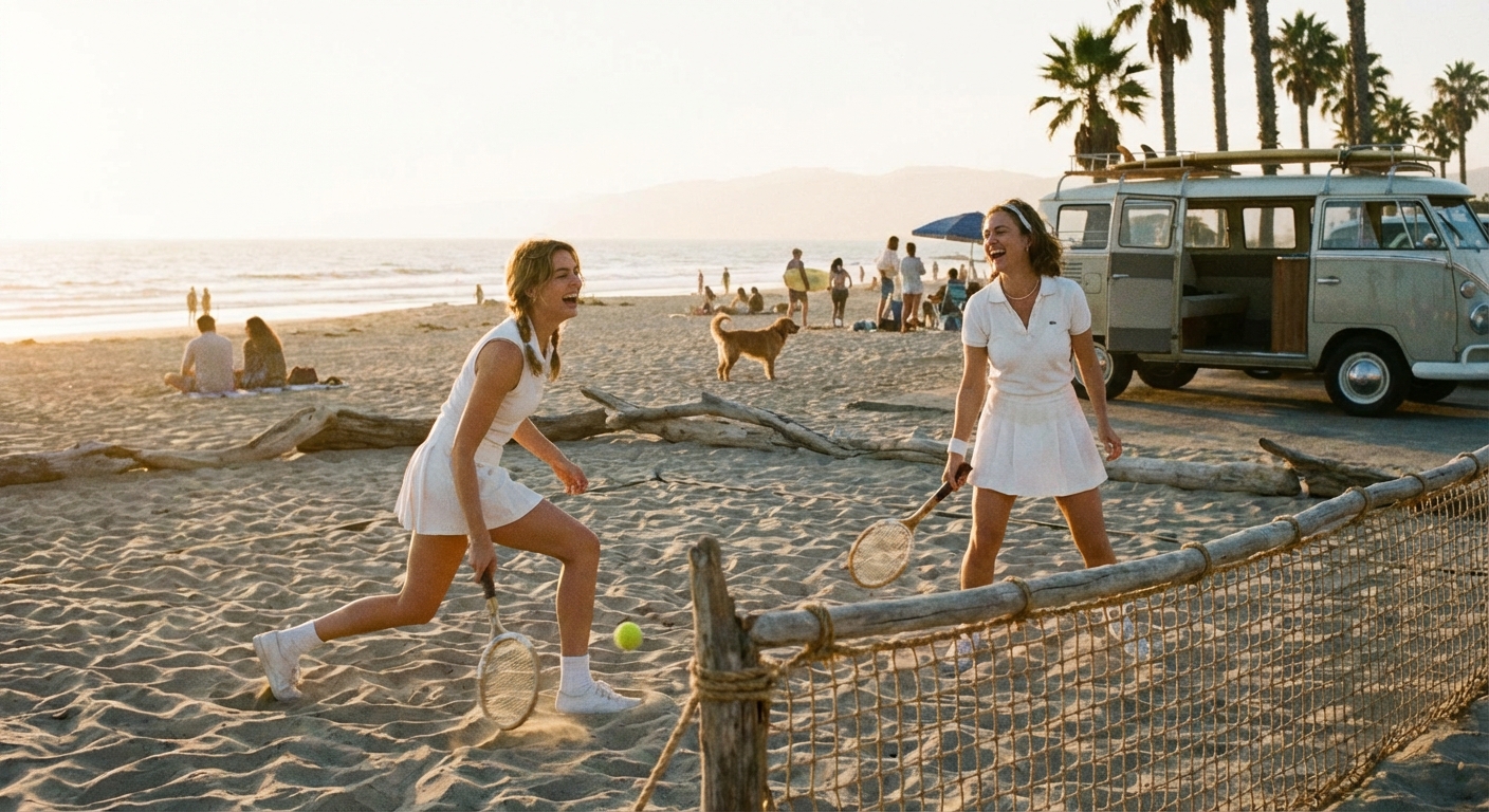 Women playing tennis by the beach.